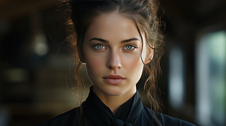 A close-up of the woman's face reveals that she is beautiful and determined.の素材
