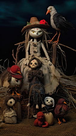 A hundred-year-old antique doll sits atop a scarecrow in a crop field on a moonlit night.の素材