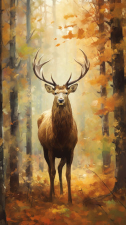 The deer stands in a clearing in the forest, its head slightly turned to the side.の素材