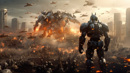 An extreme wide shot of a war-torn city, with smoke rising from the ruins of buildings. Created with Generative AI.の素材