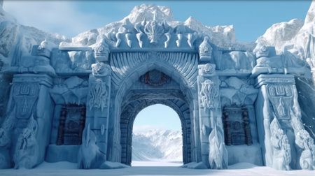 A close-up of the structure's entrance, which is made of a large, curved door. Created with Generative AI.の素材