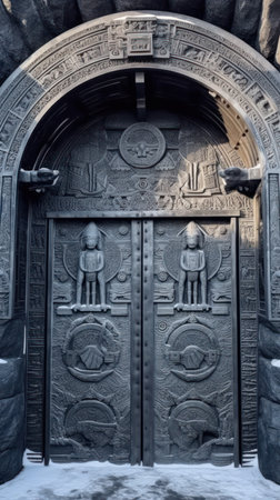 A close-up of the structure's entrance, which is made of a large, curved door. Created with Generative AI.の素材