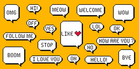 Set of different pixel speech bubble. Geometric texting dialogue boxes isolated on white background. Modern vector illustration.のイラスト素材