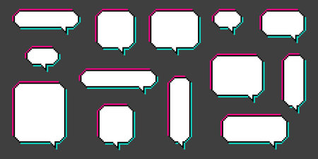 Set of different pixel speech bubble. Geometric texting dialogue boxes isolated on white background. Modern vector illustration.のイラスト素材