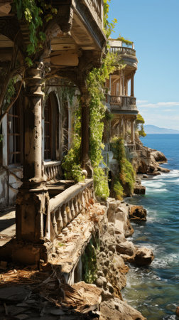 Rustic charm of the seaside relic. Created with Generative AI.の素材