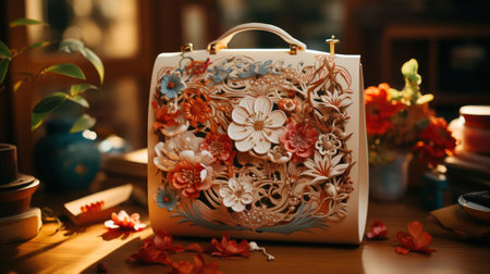 Nostalgic journey: Delicate retro Chinese paper-cut bag. Created with Generative AI.の素材