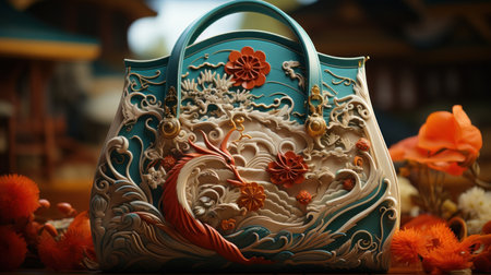 Chinese national tide: Mesmerizing retro paper-cut bag. Created with Generative AI.の素材