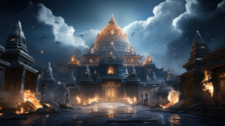 Hindu temple in white marble. Created with Generative AI.の素材