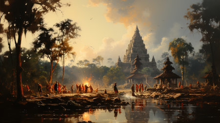 Simple hindu temple in green forest. Created with Generative AI.の素材