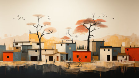 A minimalist painting of a simple West African village set against a backdrop of lush green hills. Created with Generative AI.の素材