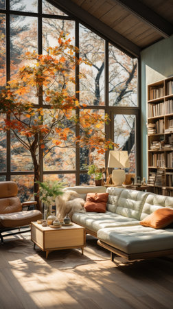 A warm, inviting scene of a living room in the Bauhaus style. Created with Generative AI.の素材