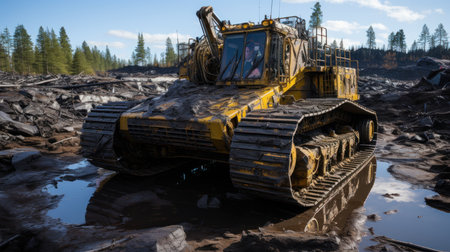 A massive tracked bulldozer, dwarfing everything around it. Created with Generative AI.の素材