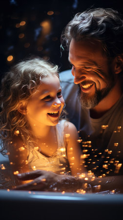 A child is sitting in a bathtub, being bathed by their parent. Created with Generative AI.の素材