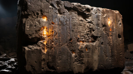 A close-up of a Precambrian structure, with lightning striking it. Created with Generative AI.の素材