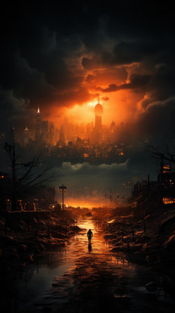 A cityscape in the middle of a lightning storm. Created with Generative AI.の素材