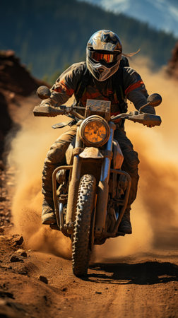 A vintage motorcycle speeding down a winding road, its tires kicking up a cloud of dust. Created with Generative AI.の素材