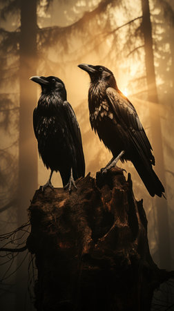 A black-and-white photograph of three crows standing on a branch in the middle of a forest. Created with Generative AI.の素材