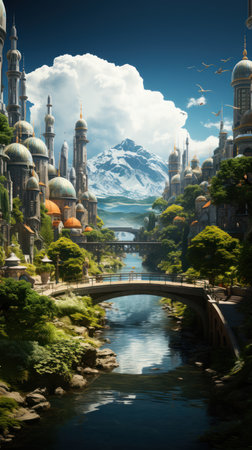 A wide-angle shot of a city in the future, with towering skyscrapers and flying cars. Created with Generative AI.の素材