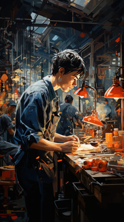 A factory floor with a mix of humans and robots working together. Created with Generative AI.の素材