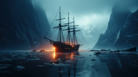 A lone iceberg floats in a dark sea. Created with Generative AI.の素材
