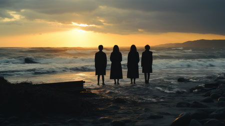 A group of people stand on a beach, looking out at an empty ocean. Created with Generative AI.の素材