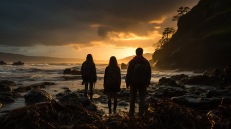 A group of people stand on a beach, looking out at an ocean that is rising quickly. Created with Generative AI.の素材