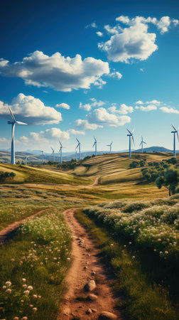 A field of wind turbines stand tall against the horizon. Created with Generative AI.の素材