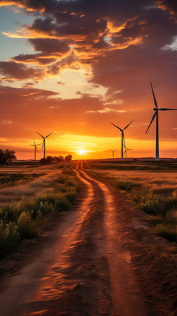 A group of wind turbines stand in the distance. Created with Generative AI.の素材