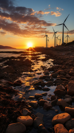 A group of wind turbines stand in the distance. Created with Generative AI.の素材
