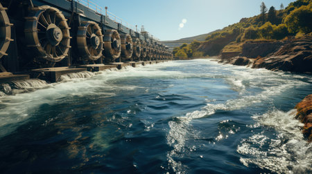 A close-up of the turbines of a hydroelectric dam. Created with Generative AI.の素材
