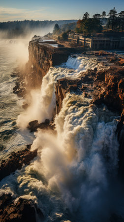 A photo of a waterfall crashing over a cliff, with the hydroelectric dam in the background. Created with Generative AI.の素材