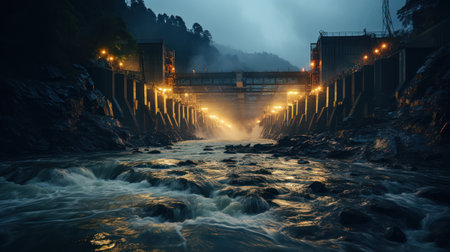 A photo of a hydroelectric plant at night, with the lights of the machinery glowing brightly. Created with Generative AI.の素材