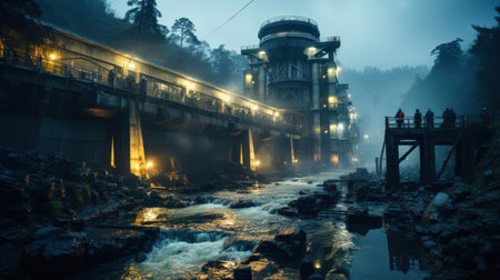 A photo of a hydroelectric plant at night, with the lights of the machinery glowing brightly. Created with Generative AI.の素材