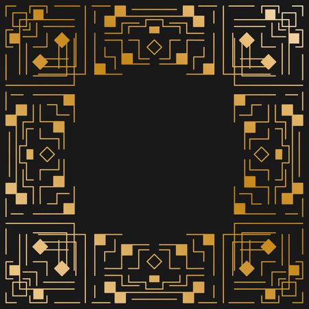 Vintage hipster abstract geometric pattern with golden art deco geometric frame on gold background for textile design. Vector illustrationのイラスト素材