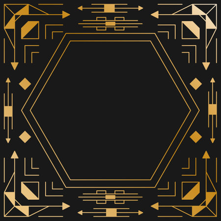 Vintage hipster abstract geometric pattern with golden art deco geometric frame on gold background for textile design. Vector illustrationのイラスト素材
