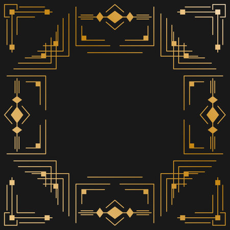 Vintage hipster abstract geometric pattern with golden art deco geometric frame on gold background for textile design. Vector illustrationのイラスト素材
