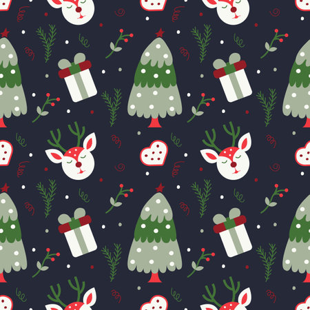 Winter Christmas seamless pattern. Christmas tree, gifts and deer. Vector illustration on a dark background.のイラスト素材
