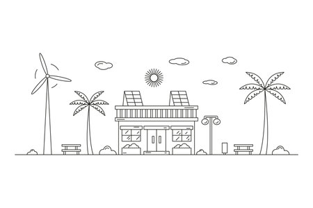 Landscape with residential building drawn by contour lines. Editable stroke. Energy saving. Vector illustration in line art style.のイラスト素材