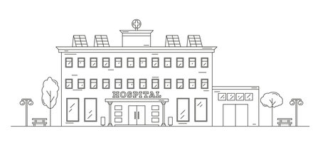 Landscape with a hospital building drawn with contour lines on a white background. Editable stroke. Energy saving. Eco energy. Vector illustration in line art style.のイラスト素材