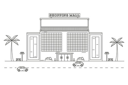Landscape with a shopping mall building drawn with contour lines on a white background. Line Art. Editable stroke. Vector illustration.のイラスト素材