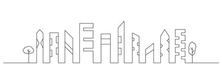 Monochrome horizontal urban landscape. Editable stroke. Cityscape with buildings drawn with contour lines on white background. Vector illustration in lineart style.のイラスト素材