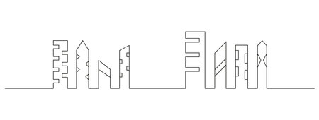 Monochrome horizontal urban landscape with town street or district. Editable stroke. Cityscape with buildings drawn with contour lines on white background. Vector illustration in lineart style.のイラスト素材