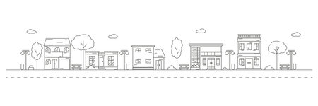 Monochrome horizontal urban landscape with town street or district. Editable stroke. Cityscape with living houses drawn with contour lines on white background. Vector illustration in lineart style.のイラスト素材