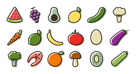 Icons in a linear trend style. Healthy and proper nutrition productsのイラスト素材