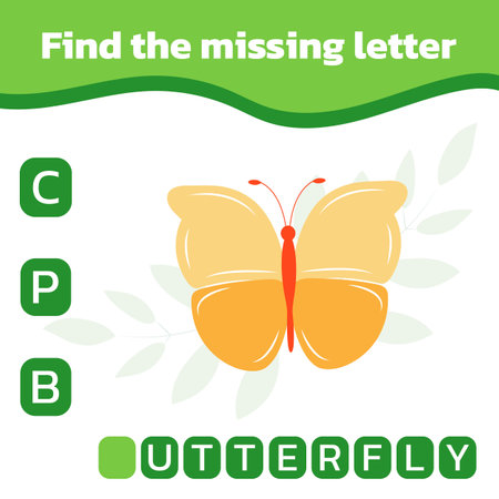 Educational spelling game for kids. Find the missing letter. Practicing English alphabet. Vector illustration of cute butterfly.のイラスト素材