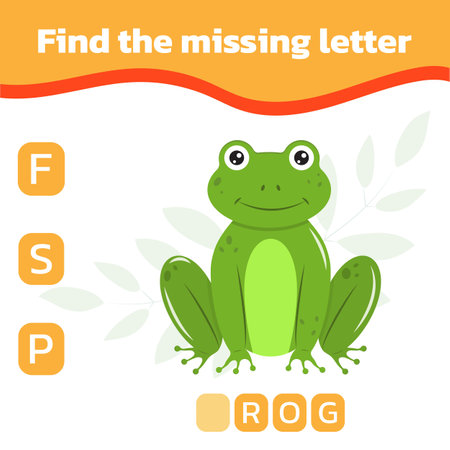 Find the missing letter. Educational spelling game for kids. Green frog. Practicing English alphabet. Vector illustration.のイラスト素材