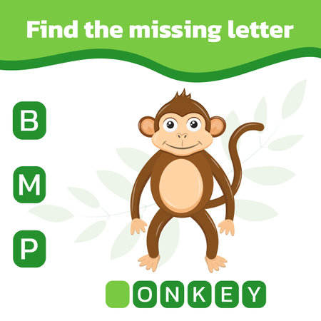 Find and write the missing letter. Worksheet for education. Mini-game for children. Vector illustration with a monkey.のイラスト素材