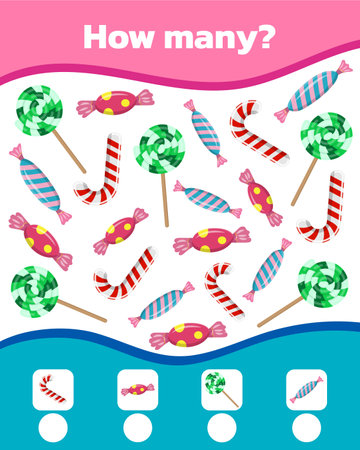 Math colorful game for kids. How many cute sweet candies are there. Vector illustration.のイラスト素材