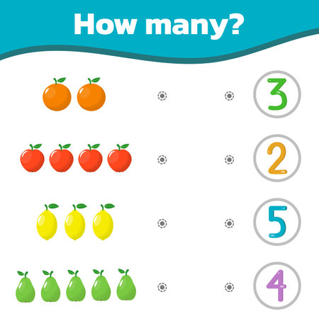 Math colorful game for kids. How many cute sweet fruits are there. Vector illustration.のイラスト素材
