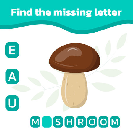 Educational spelling game for kids. Find the missing letter. Vector illustration of cute mushroom. Practicing English alphabet.のイラスト素材